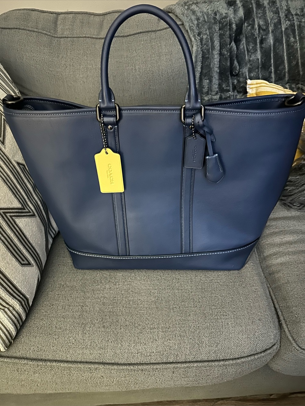 Coach Navy Leather Tote with Yellow Hangtag
